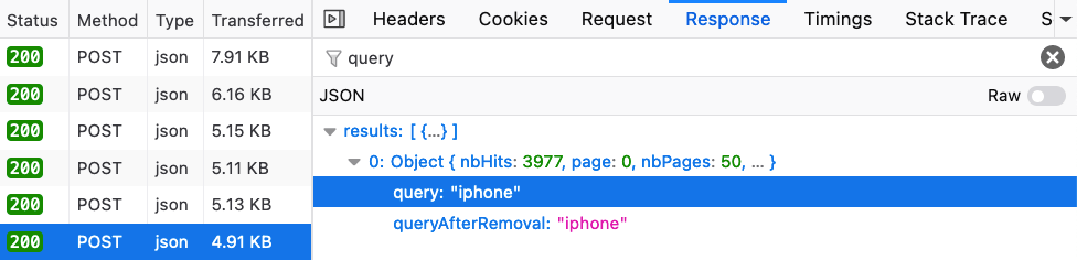 Network tab for the query iPhone