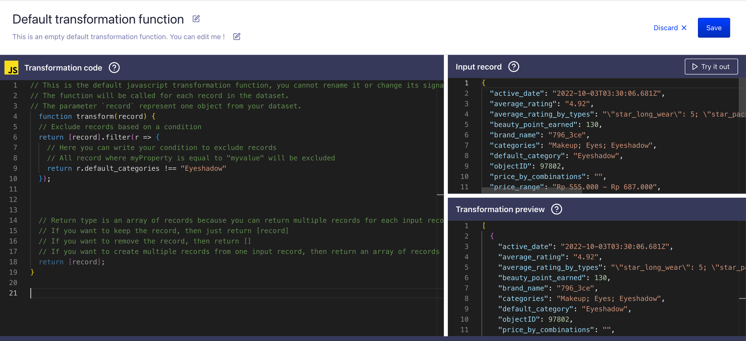 Preview your transformation running on a sample record